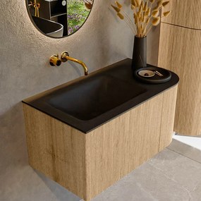 Mondiaz Kurve 85cm badmeubel ronding rechts oak met 1 lade en deur en wastafel cloud links zonder kraangat urban
