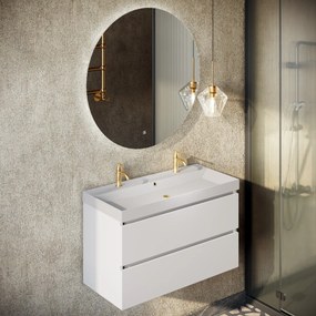 Fontana Kolo wastafelmeubel mat wit 100cm glans witte wastafel 2 kraangaten met ronde spiegel
