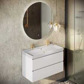 Fontana Kolo wastafelmeubel mat wit 100cm glans witte wastafel 2 kraangaten met ronde spiegel