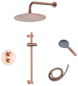 Saniclear Copper inbouwregendouche 30cm rond met wandarm, 3 standen handdouche en glijstang geborsteld koper