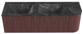 Mondiaz Kurve-dlux 145cm badmeubel ronding rechts ruby met 1 lade en deur en wastafel leaf dubbel/links 2 kraangaten lava