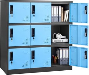 VEVOR metalen locker, 3 niveaus, lockerkast, draagvermogen 30 kg, locker voor waardevolle spullen met 2 sleutels per deur, compartimentkast voor kantoor, school, sportschool, eenvoudige montage, 90x45x94 cm, blauw/zwart