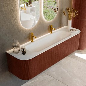 Mondiaz Kurve 170cm badmeubel ronding links/rechts ruby met 1 lade en 2 deuren en wastafel big large midden 2 kraangaten
