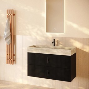Muebles Murcia badmeubel ribbelfront 100cm zwart mat met White Travertin wastafel met kraangat
