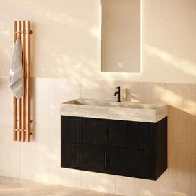 Muebles Murcia badmeubel ribbelfront 100cm zwart mat met White Travertin wastafel met kraangat