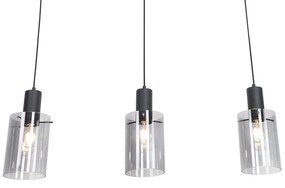 Eettafel / Eetkamer Hanglamp zwart met smoke glas langwerpig 3-lichts - Vidra Modern E27 Binnenverlichting Lamp