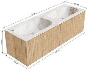 Mondiaz Kurve-dlux 140cm badmeubel oak met 2 lades en wastafel stor small dubbel 2 kraangaten glace