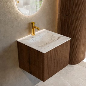 Mondiaz Kurve-dlux 50cm badmeubel walnut met 1 lade en wastafel grunne midden 1 kraangat glace