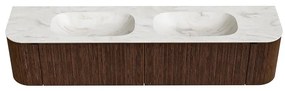 Mondiaz Kurve-dlux 200cm badmeubel ronding links/rechts walnut met 2 lades en deuren en wastafel stor small dubbel 2 kraangaten ostra