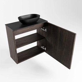 Mondiaz Fowy toiletmeubel 50cm dark brown met zwarte waskom rechts en kraangat