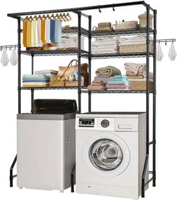 VEVOR Opbergrek voor wasmachine en droger, 6-laags droogrek met kledingstang en haken, tweelaags en verstelbare planken voor wasmachine voor opslag en organisatie, zwart