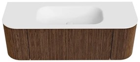 Mondiaz Kurve 130cm badmeubel ronding links/rechts walnut met 1 lade en 2 deuren en wastafel big small midden 1 kraangat