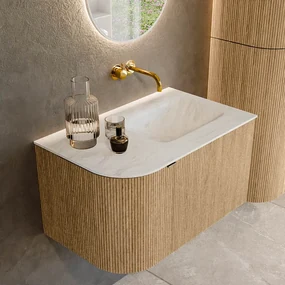 Mondiaz Kurve-dlux 75cm badmeubel ronding links oak met 1 lade en deur en wastafel grunne rechts zonder kraangat opalo