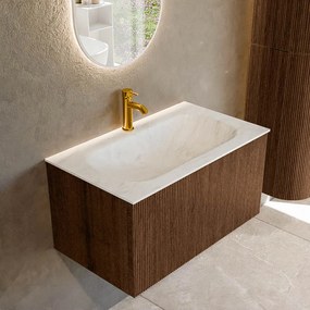 Mondiaz Kurve-dlux 80cm badmeubel walnut met 1 lade en wastafel big small midden 1 kraangat opalo