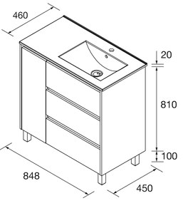 Muebles Project badmeubel 85cm met 3 lades rechts en wastafel zwart mat