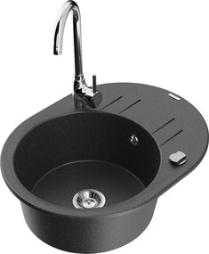 Mexen Kevin granieten spoelbak 1-komor met afdruiprek en keukenmengkraan Telma, zwart gespikkeld - 6517-76-670200-00