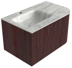 Mondiaz Kurve-dlux 75cm badmeubel ronding rechts ruby met 1 lade en deur en wastafel grunne kraangat links opalo