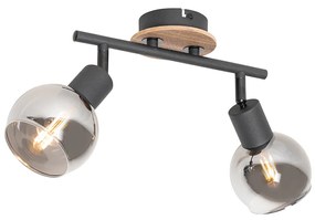 Plafondlamp zwart met smoke glas en hout 2-lichts - Vidro