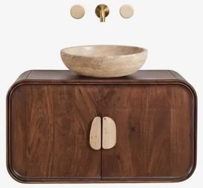 Hangend Badkamermeubelset 95x45 Cm Van Mangohout En Natuurlijke Kivalina-steen Travertijn - Donker Mangohout & Ronde Travertijn Ø40 Cm Eskel - Sklum