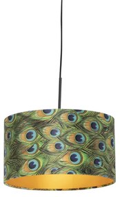 Stoffen Hanglamp met velours kap pauw met goud 35 cm - Combi Klassiek / Antiek, Landelijk / Rustiek E27 cilinder / rond rond Binnenverlichting Lamp