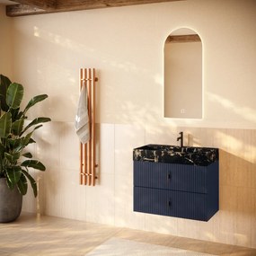 Muebles Murcia badmeubel ribbelfront 80cm marine blauw met Portoro Gold wastafel met kraangat