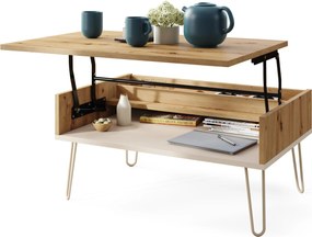 HAIRPIN S-90 Eik Artisan/Beige (Champagne) - MODERNE SALONTAFEL MET OPKLAPBAAR BLAD + OPBERGRUIMTE + PLANK