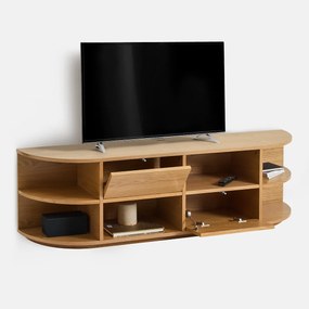 Hangend hifi-TV-meubel in eikenfineer, 2 deuren, 6 nissen, L160 cm, MADDY