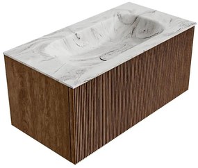 Mondiaz Kurve-dlux 90cm badmeubel walnut met 1 lade en wastafel big small midden 1 kraangat glace