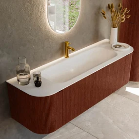 Mondiaz Kurve 150cm badmeubel ronding links/rechts ruby met 1 lade en 2 deuren en wastafel big medium midden 1 kraangat
