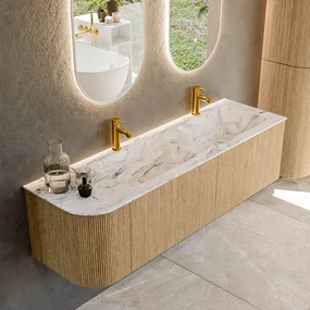 Mondiaz Kurve-dlux 155cm badmeubel ronding links oak met 2 lades en 1 deur en wastafel leaf dubbel/rechts 2 kraangaten glace
