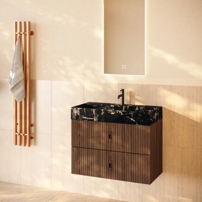 Muebles Murcia badmeubel ribbelfront 80cm walnoot met Portoro Gold wastafel met kraangat