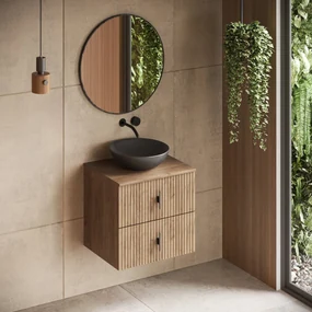 Muebles Mairi badmeubel ribbelfront 60cm warm eiken met zwarte waskom