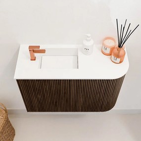 Mondiaz Joya 60cm toiletmeubel ronding rechts walnut met wastafel faye links 1 kraangat talc