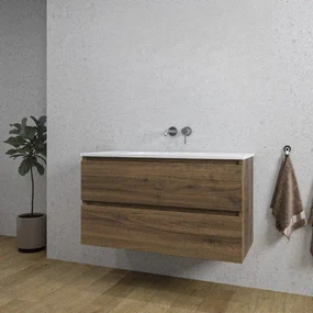 Adema Chaci Badkamermeubelset - 100x46x57cm - 1 keramische wasbak wit - zonder kraangaten - 2 lades - noten (hout) SW1212772/SW773927