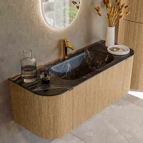 Mondiaz Kurve-dlux 120cm badmeubel ronding links/rechts oak met 1 lade en 2 deuren en wastafel big small midden 1 kraangat lava