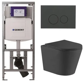 QeramiQ Dely Toiletset - 36.3x51.7cm - diepspoel - rimless - Geberit UP320 Burda inbouwreservoir - softclose toiletzitting - bedieningsplaat mat antraciet - ronde knoppen - zwart mat SW1026253/0701131/SW1102376/SW1000769