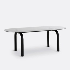 Ovale eettafel, gerookt glas en staal, 6 tot 8 couverts, POLLY