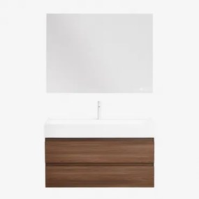 Badkamermeubelset Van Hout En Essenhoutfineer Met Geïntegreerde Wastafel Ona Donker Hout & Rectangular Led And Antifog 120x90 Cm Sivren & - Sklum