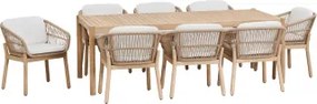 Rechthoekige Eettafelset 220x100 Cm Met 8 Eetkamerstoelen Van Acaciahout En Gevlochten Touw Karvia Lichte Acaciekleur & Stof Wit - Sklum