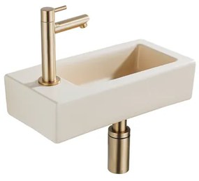 QeramiQ Fuente Fonteinset - 37.5x18.5x9cm - keramiek - kraangat links - fonteinkraan geborsteld messing - afvoerplug - verlaagd sifon - Mat Beige SW1122452/SW696208/SW696218/SW696238