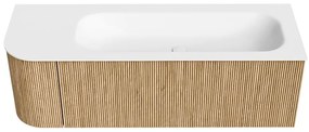 Mondiaz Kurve 135cm badmeubel ronding links oak met 1 lade en deur en wastafel big medium kraangat rechts