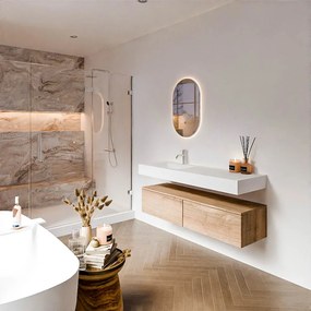 Zaro Alan badmeubel 140cm washed oak 2 lades met vrijhangende wastafel cloud links 1 kraangat talc