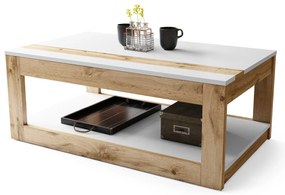 LUSSO Wit Mat/Wotan Eik - MODERNE SALONTAFEL MET VERHOOGD BLAD + OPBERGRUIMTE + SCHAP (OP WIELEN!)