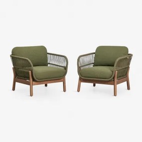 Set Van 2 Fauteuils Van Acaciahout En Gevlochten Touw Karvia Acacia Bruin & Bouclé Saliegroen - Sklum
