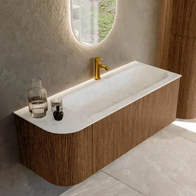 Mondiaz Kurve-dlux 125cm badmeubel ronding links walnut met 1 lade en deur en wastafel big medium kraangat rechts opalo