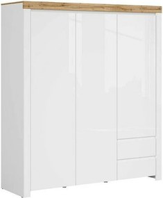 Kledingkast Sonsoru 120, Wotan eik, Wit, Glanzend wit, 204x181x57cm, 139 kg, Kledingkast deuren: Met scharnieren, Aantal planken: 5, Aantal planken: 5