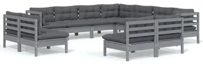 vidaXL 11-delige Loungeset met kussens massief grenenhout grijs