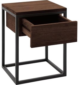 Goossens Nachtkastje Lord, Metaal ral 9005 zwart, met lade en bovenblad massief eik, 40 x 35 x 57 cm hoog