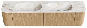 Mondiaz Kurve-dlux 190cm badmeubel ronding links/rechts oak met 2 lades en deuren en wastafel stor small dubbel 2 kraangaten frappe