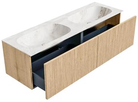 Mondiaz Kurve-dlux 150cm badmeubel oak met 2 lades en wastafel stor small dubbel 2 kraangaten frappe